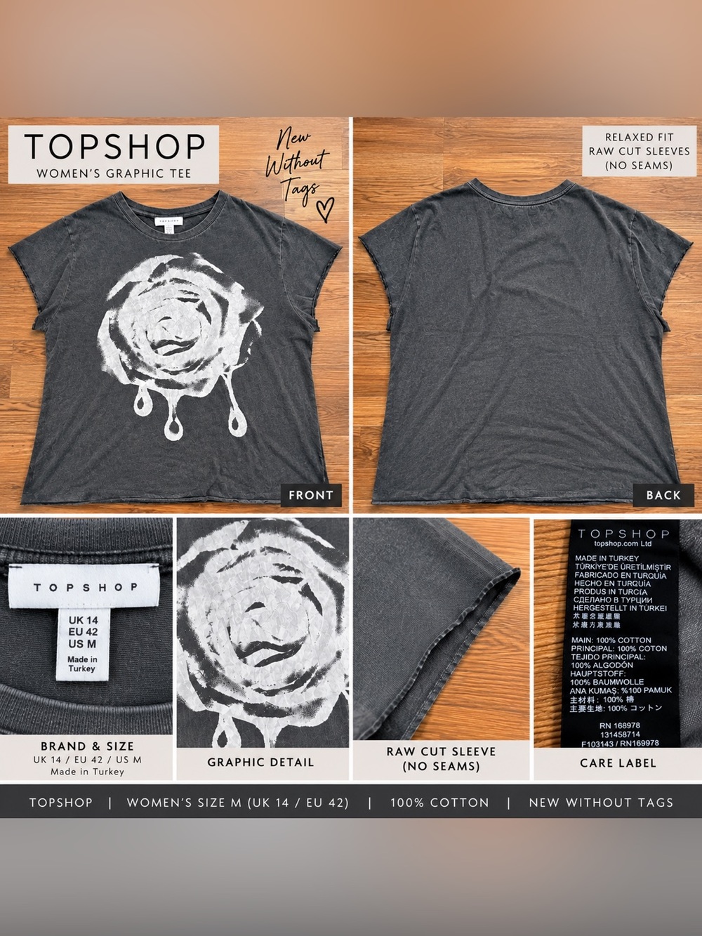 TOPSHOP Women's Charcoal Gray Graphic Tee with White Rose Print